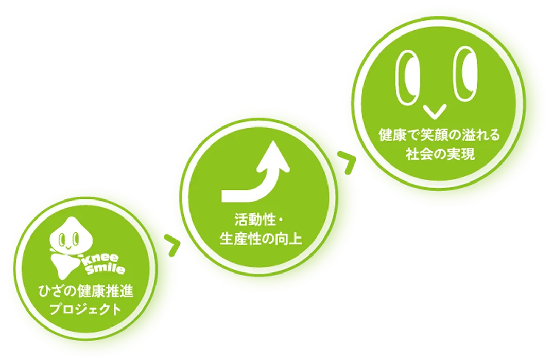 ひざの健康推進プロジェクト → 活動性・生産性の向上 → 健康で笑顔の溢れる社会の実現
